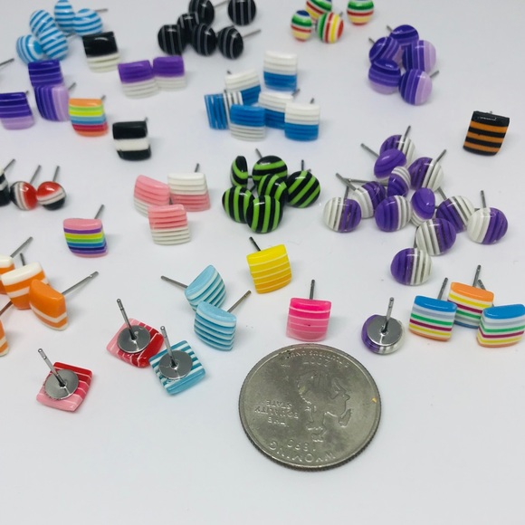 Green Striped Minimalist Repurposed Stud Earrings - Picture 13 of 16